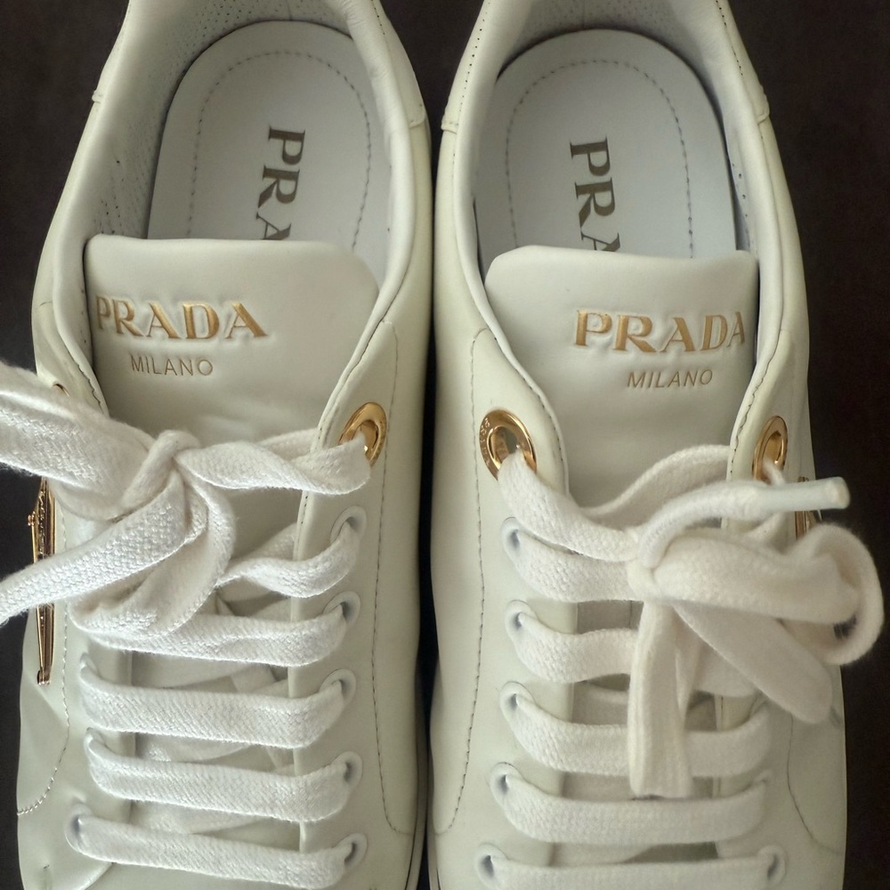 Prada Women's Cream Sneakers with Gold Accents - Picture 3 of 7